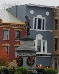 Man on the Monument, downtown Urbana, Ohio, Christmas 2016